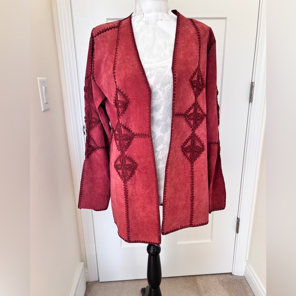 Vintage Patchwork Style Suede Jacket w/ Embroidery Sz L